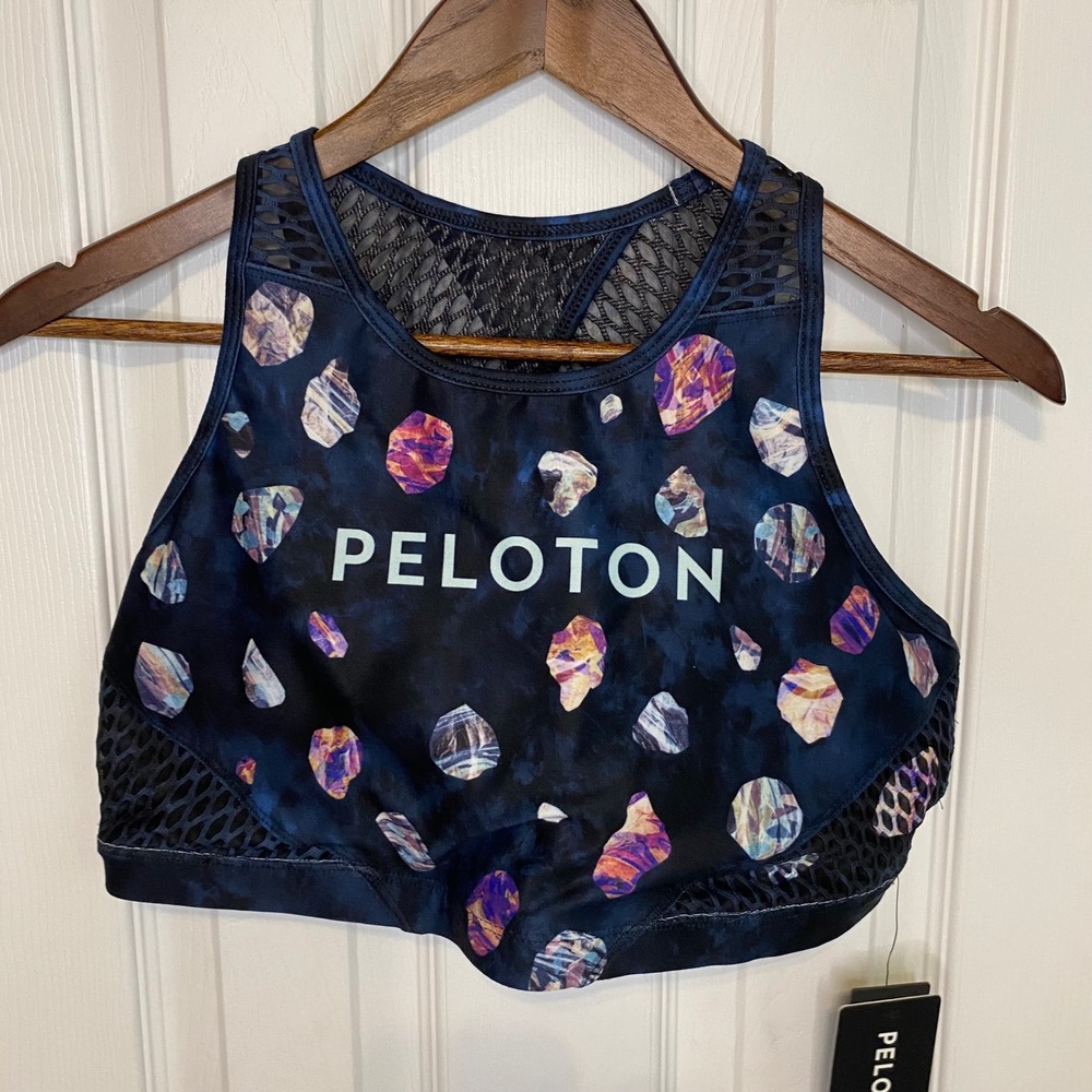 Peloton x WITH Wear It To Heart Women XL Sports Bra Navy Crystal Print Mesh Back